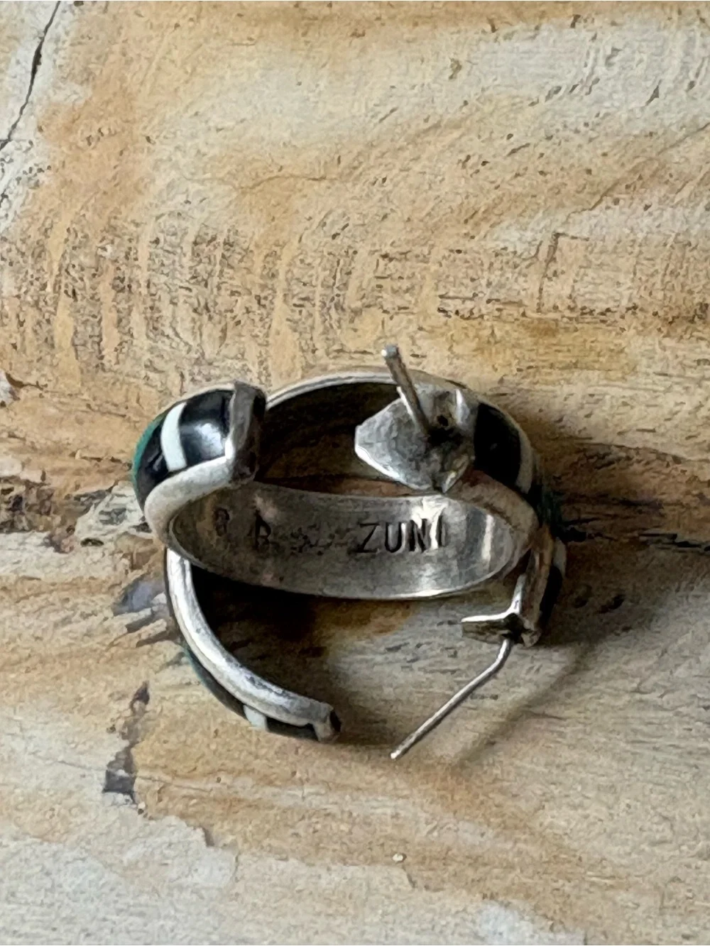 Sterling Silver Vintage Zuni Hoop Earrings with Turquoise, Coral & Black Inlay
